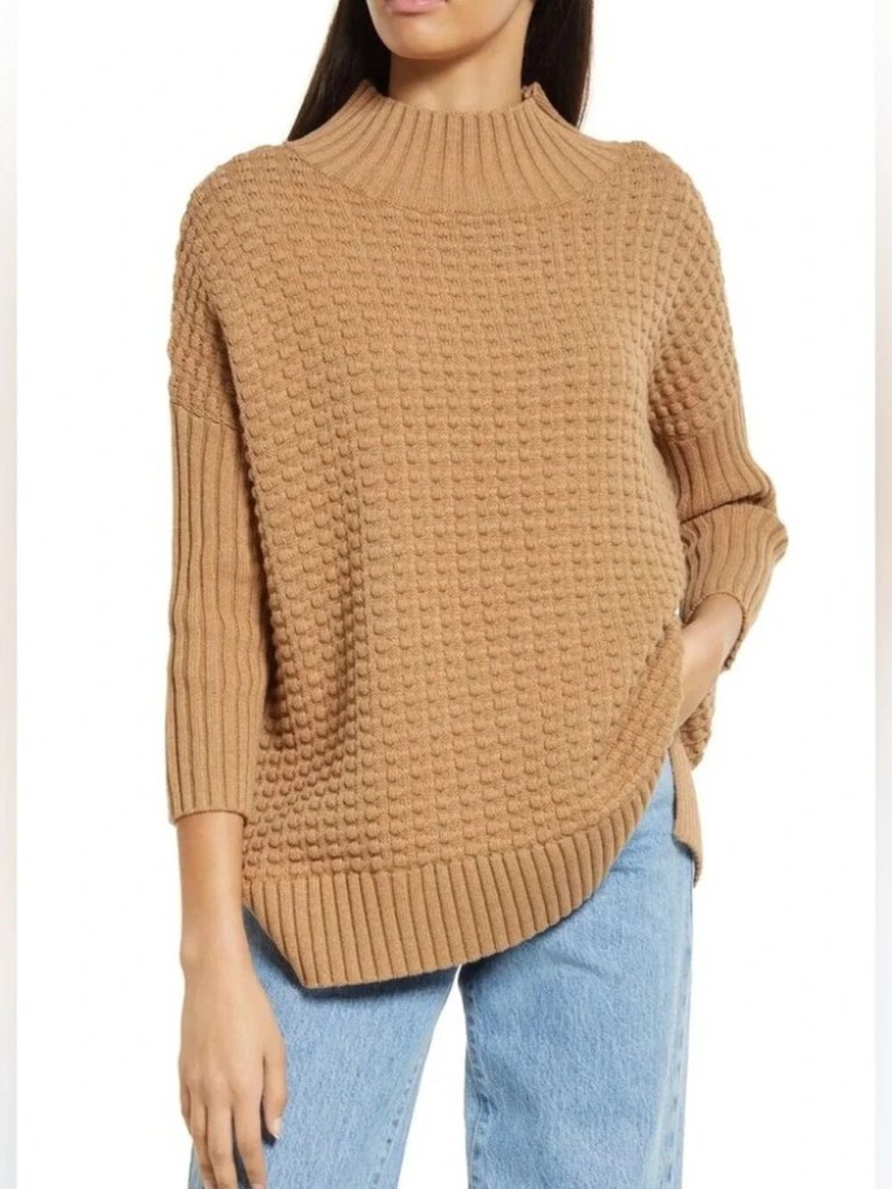 FRENCH CONNECTION SZ L Textured Popcorn Knit Sweater Camel Tan